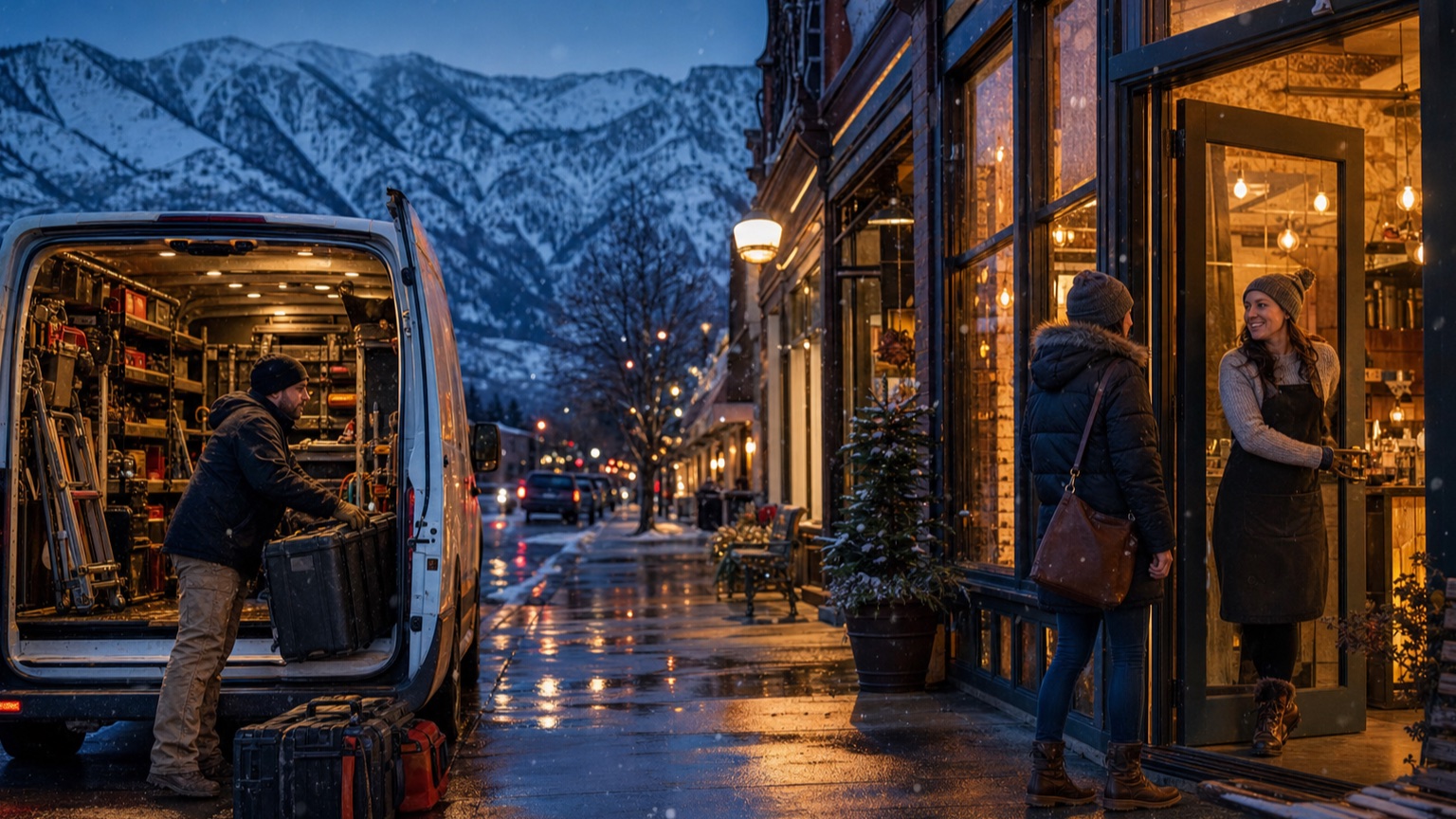 Utah small-business operators working through an early winter evening