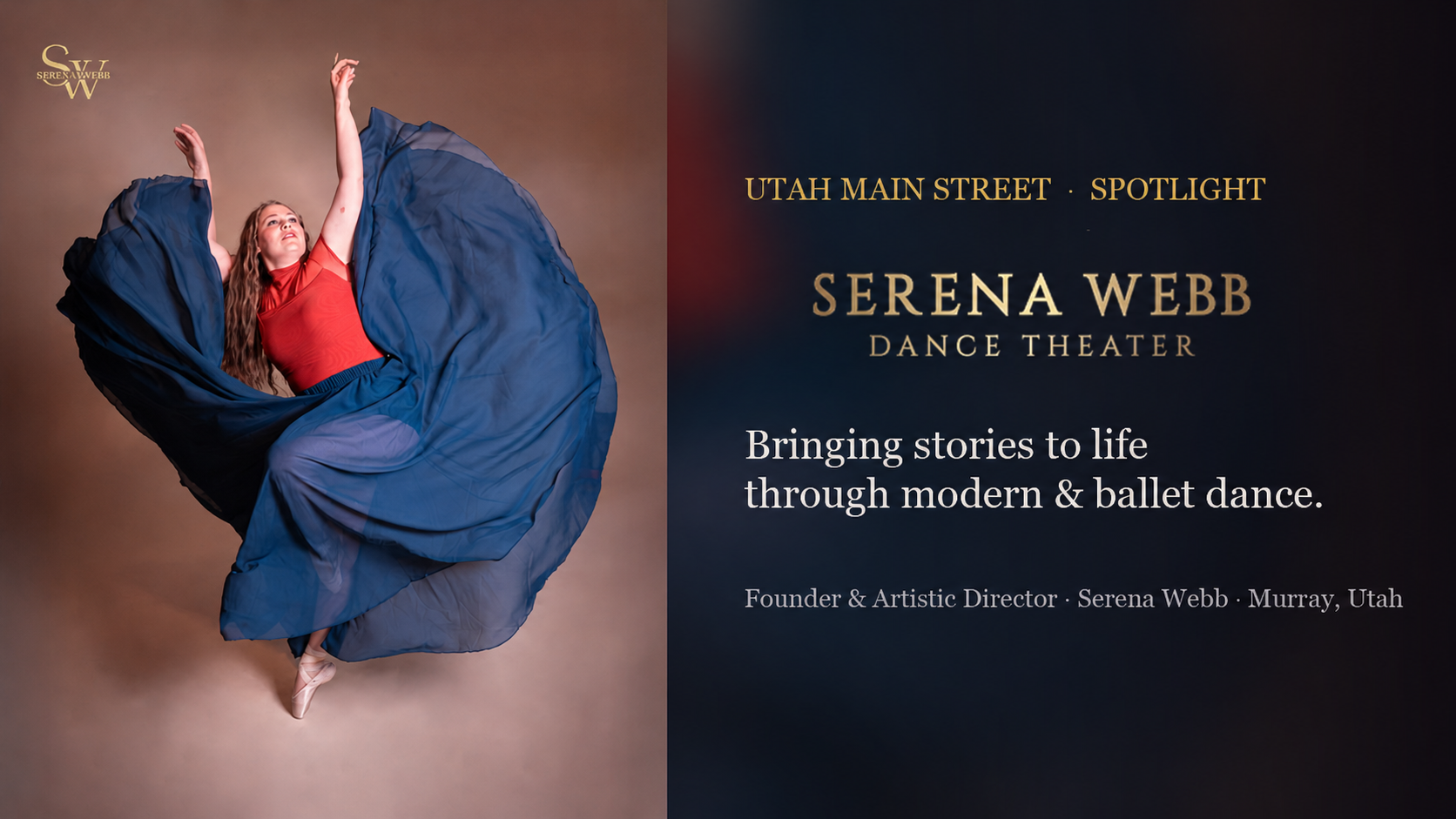 Serena Webb Dance Theater card artwork with a small gold Serena Webb logo in the upper-left