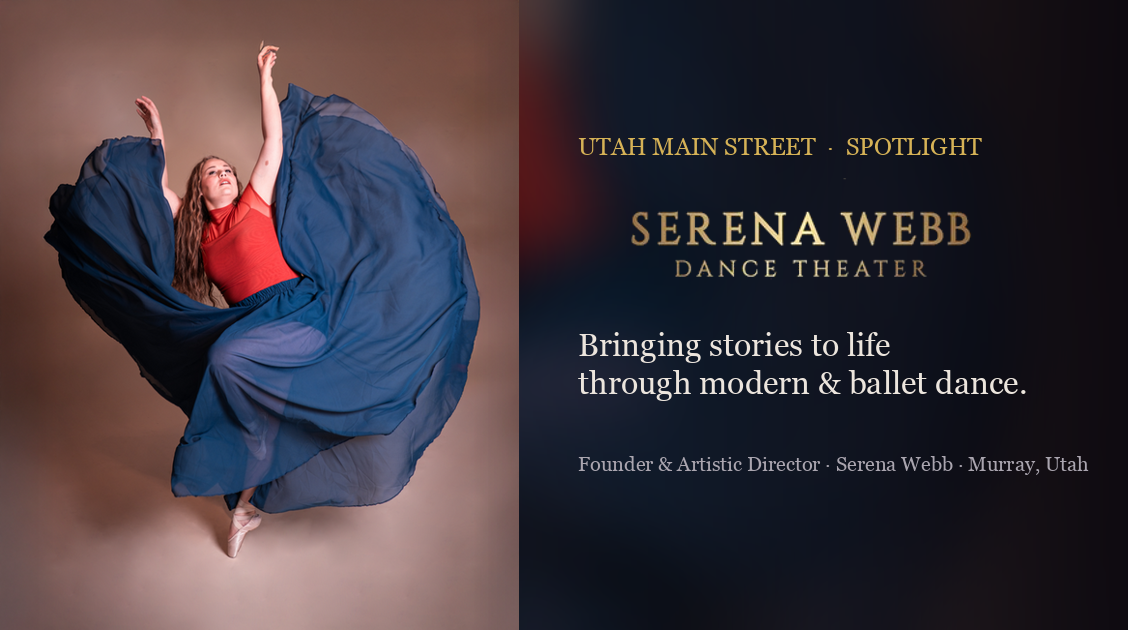 Serena Webb Dance Theater — a dancer mid-leap in a flowing skirt, beside the company wordmark